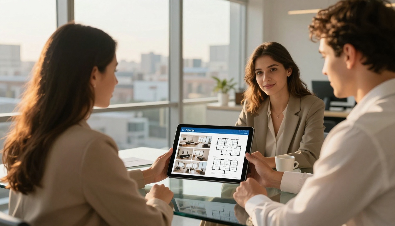 Real estate agent showing a property brochure flipbook on an iPad to clients at a glass conference table