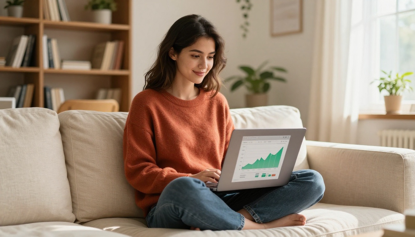 Female entrepreneur sitting cross-legged on a cream linen sofa reviewing website analytics on a laptop showing green click-rate graphs