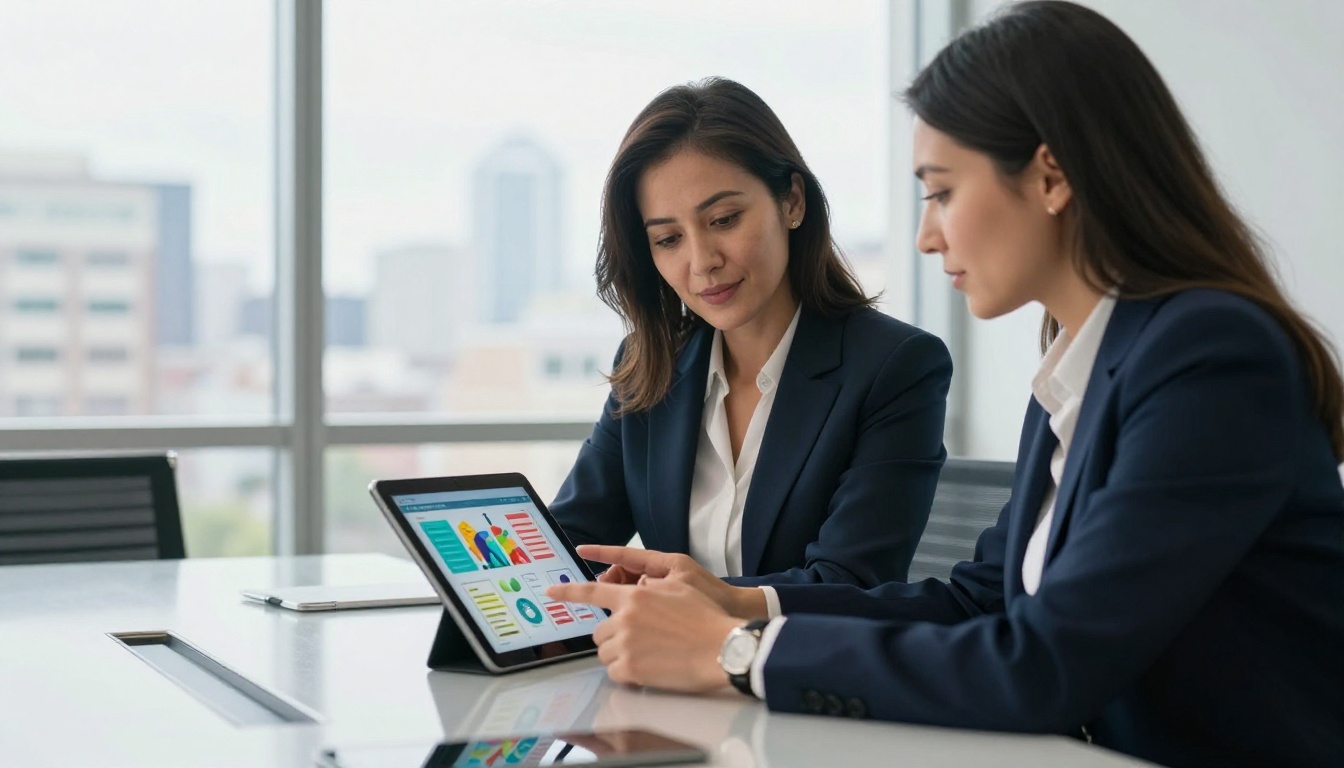 Business professional sharing a flipbook presentation on a tablet in a meeting room