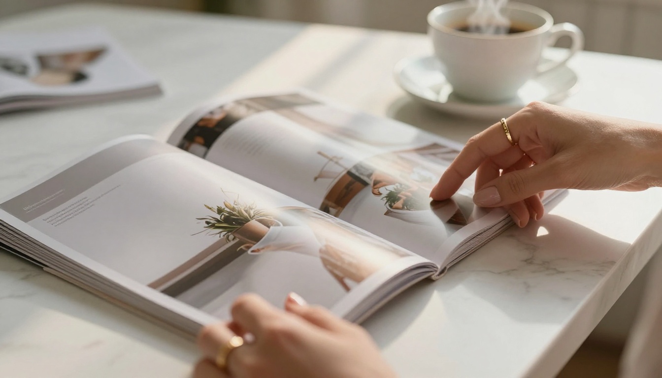 Elegant woman reading a glossy magazine at a marble desk Elegant woman reading a glossy magazine at a marble desk