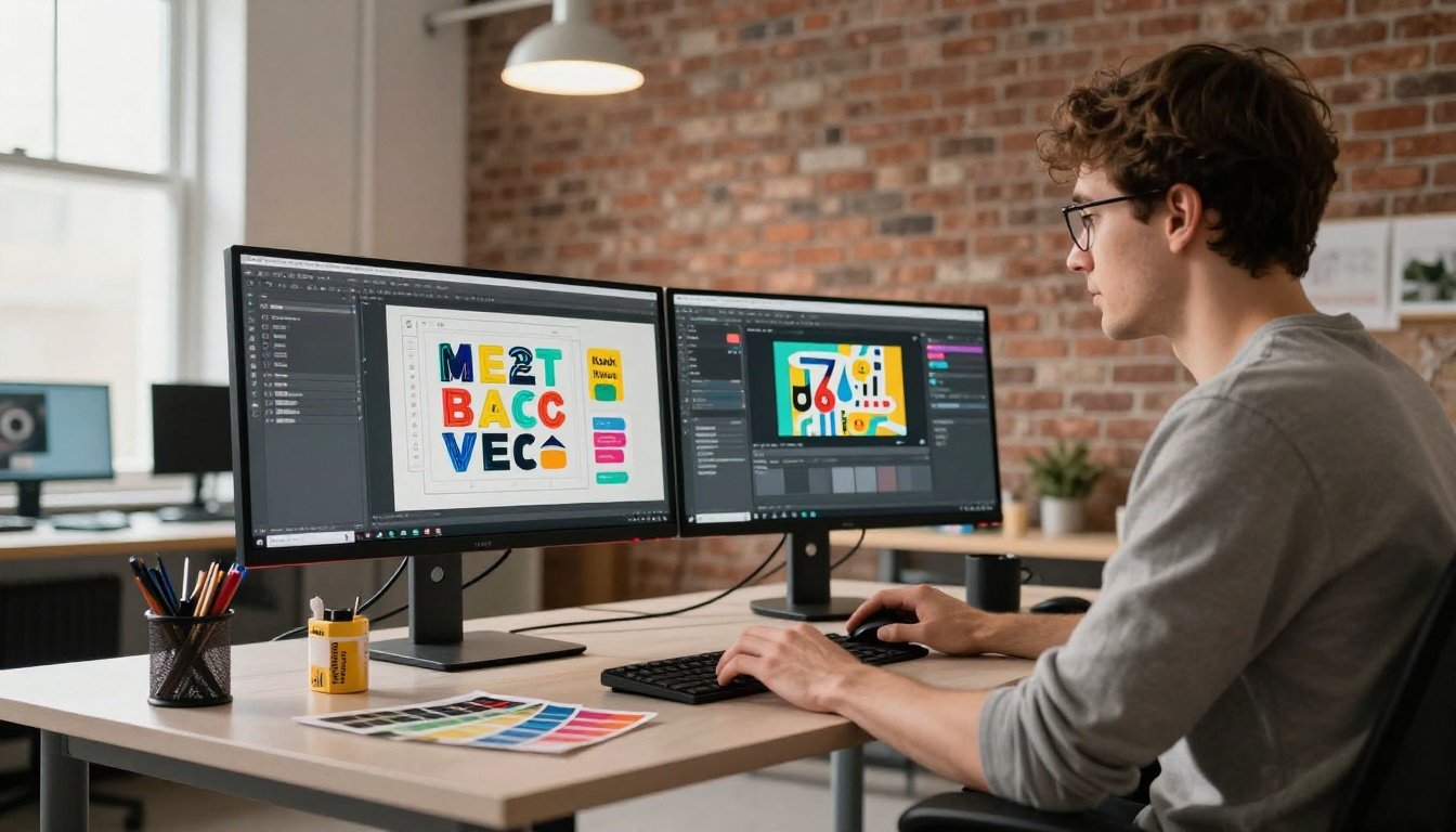 Graphic designer at a standing desk in a creative studio working on a digital flipbook design across multiple monitors