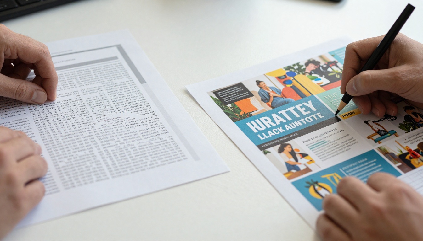Close-up macro shot of two hands holding a printed PDF document on the left and a printed flipbook screenshot on the right, side by side on a white desk, dramatic visual contrast