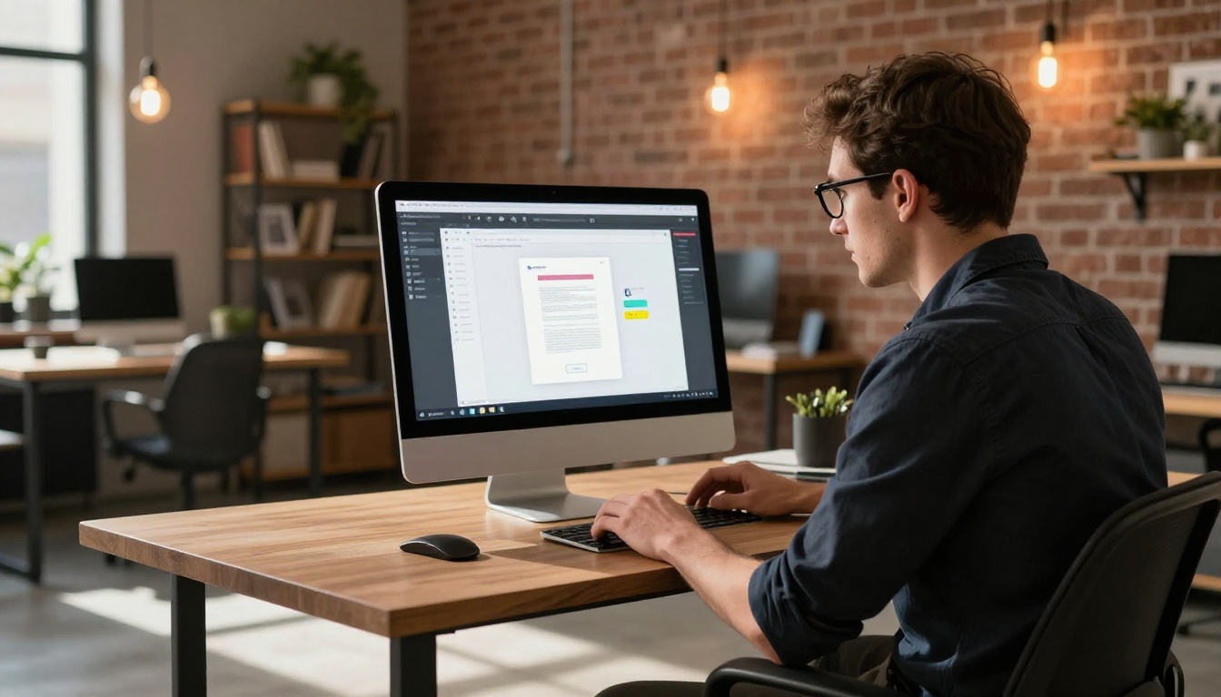A graphic designer uploading a PDF to a flipbook conversion interface on a large desktop monitor in a creative studio A graphic designer uploading a PDF to a flipbook conversion interface on a large desktop monitor in a creative studio