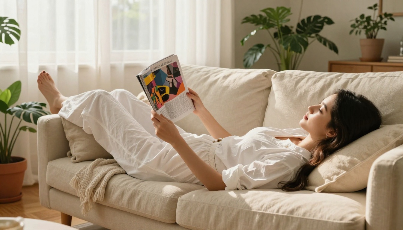Beautiful woman relaxing on a linen couch reading a colorful fashion magazine Beautiful woman relaxing on a linen couch reading a colorful fashion magazine