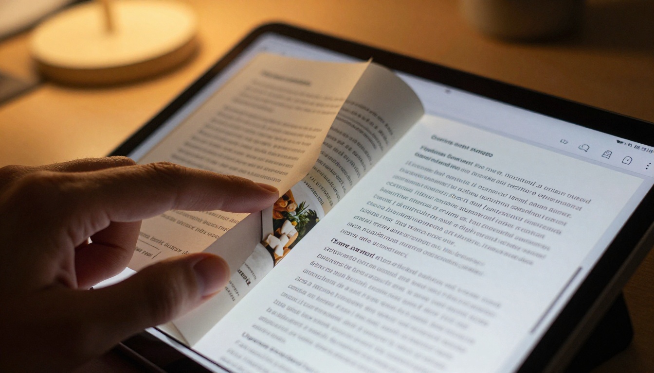 Close-up of a tablet showing a realistic digital flipbook page-turn animation