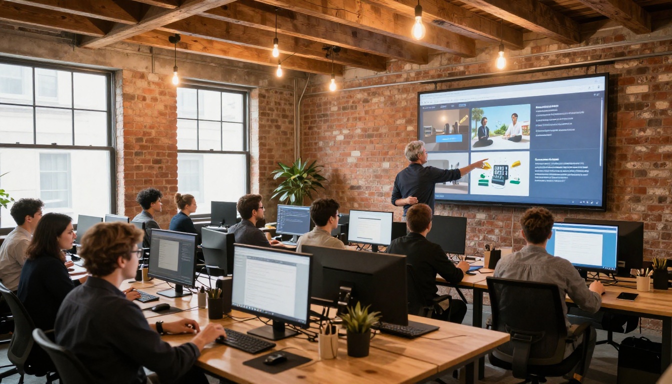 Wide interior shot of a co-working space with exposed brick walls, a man presenting a digital flipbook catalog on a large wall-mounted screen to engaged colleagues leaning forward