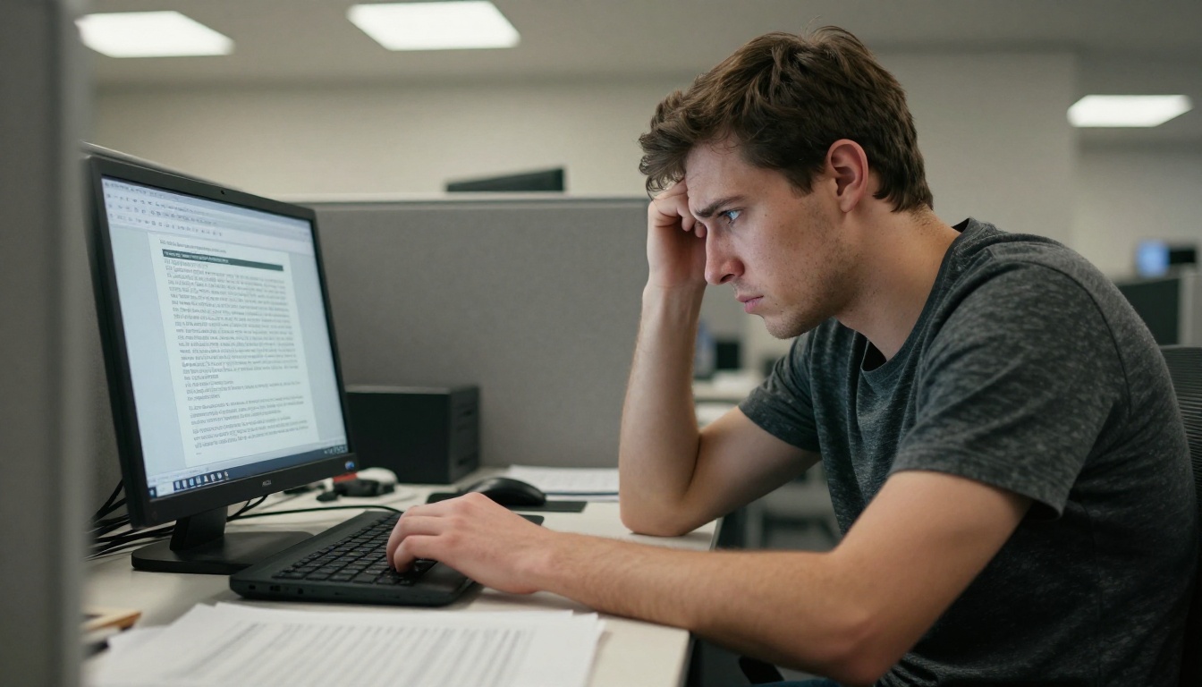 Frustrated reader looking at dense PDF on laptop