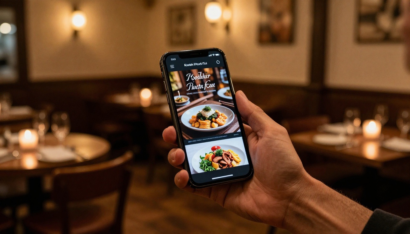 Restaurant owner holding a smartphone showing a digital menu flipbook inside a warm candlelit dining room