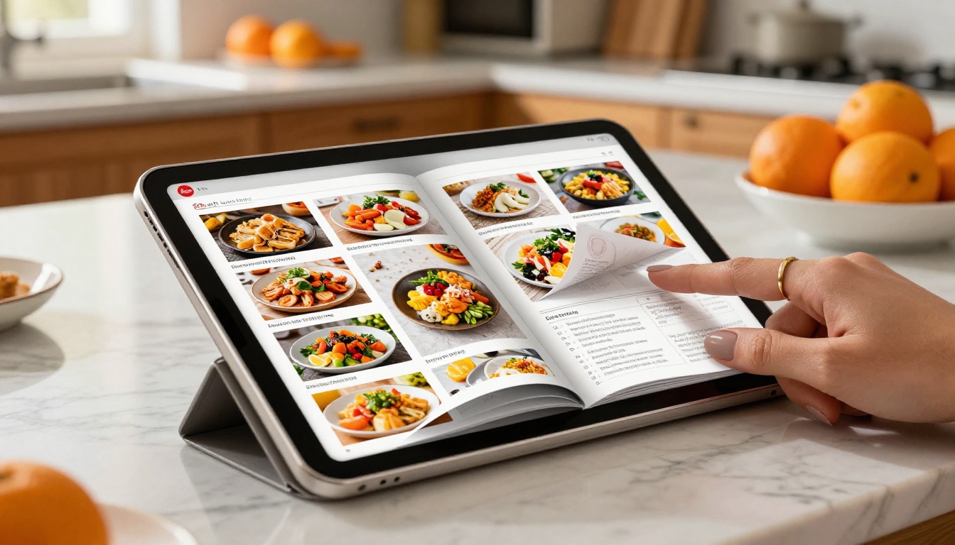 A tablet propped on a kitchen counter showing a recipe flipbook with food photography and a page mid-turn A tablet propped on a kitchen counter showing a recipe flipbook with food photography and a page mid-turn
