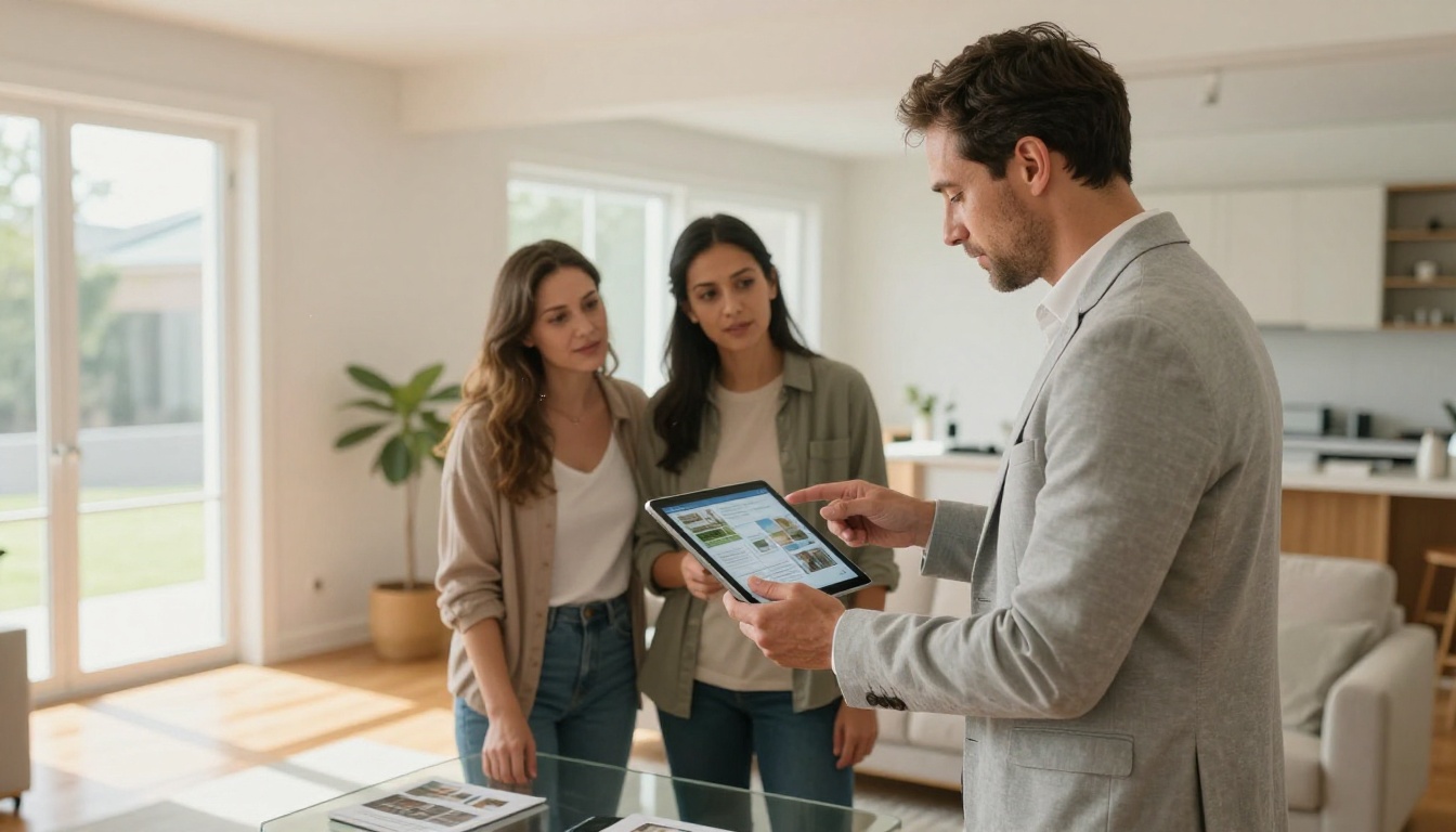 A real estate agent showing a property brochure flipbook on an iPad to a couple in a modern apartment