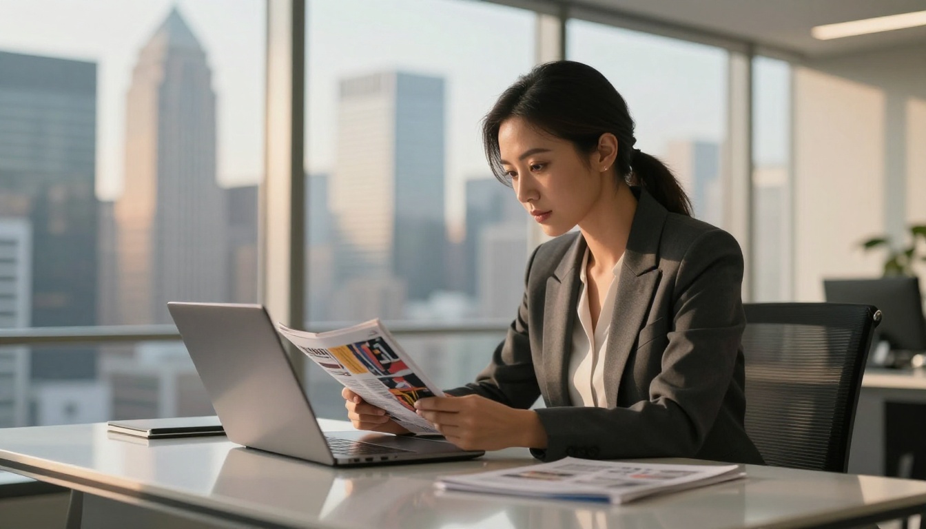 Businesswoman reviewing digital magazine publication on a laptop with city views Businesswoman reviewing digital magazine publication on a laptop with city views