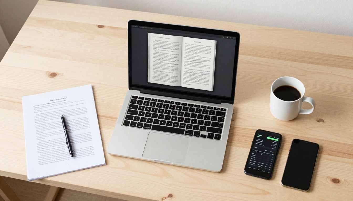 Aerial overhead view of a desk workspace with an open laptop showing a digital flipbook alongside a printed PDF document