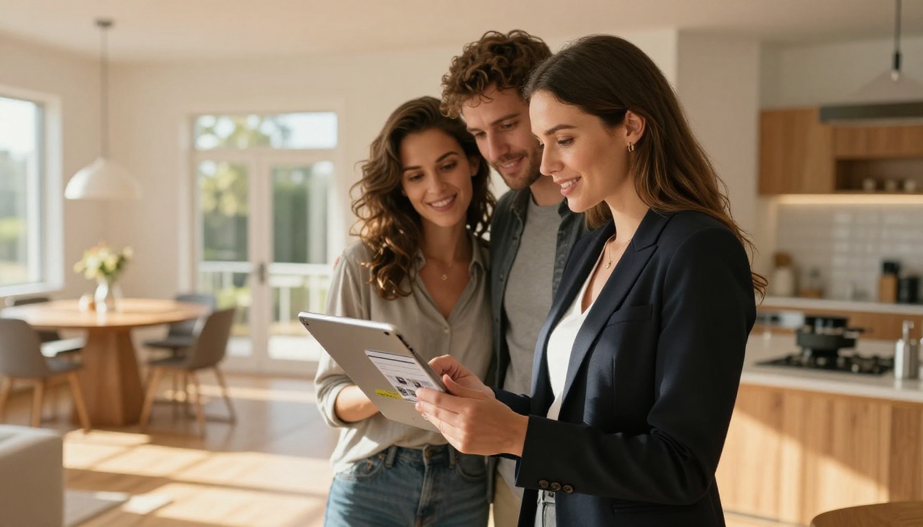 Real estate agent showing digital property flipbook brochure to couple in modern home
