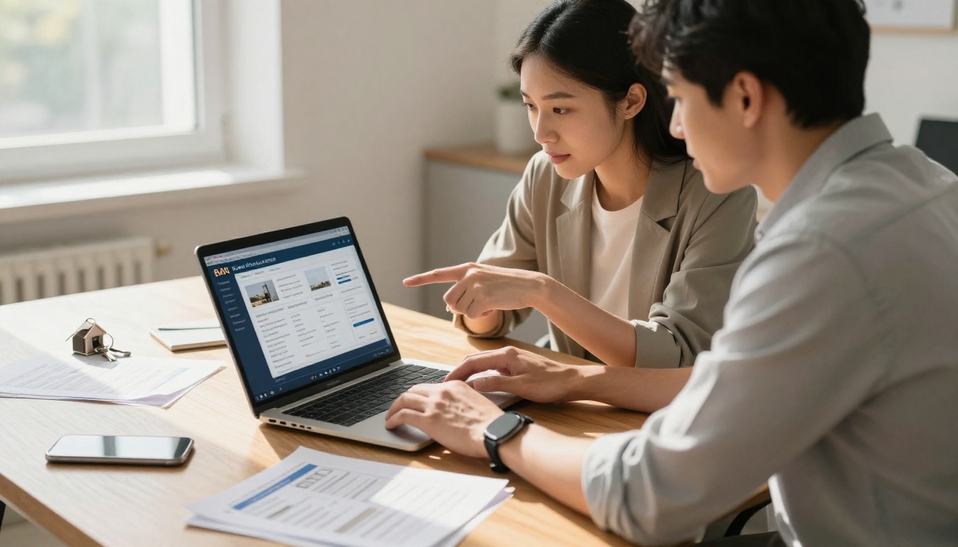 Real estate agents reviewing digital property listings at a modern office desk