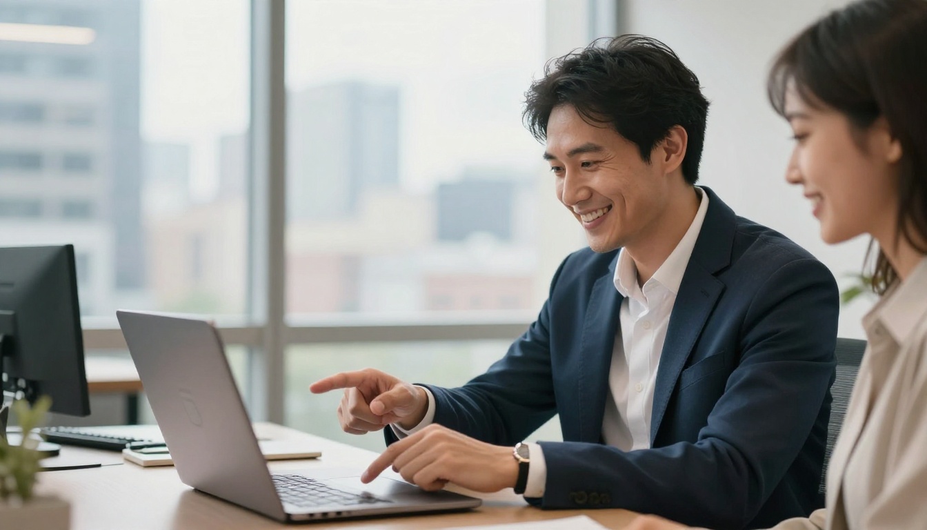 Businessman sharing digital catalog link with colleague in modern office