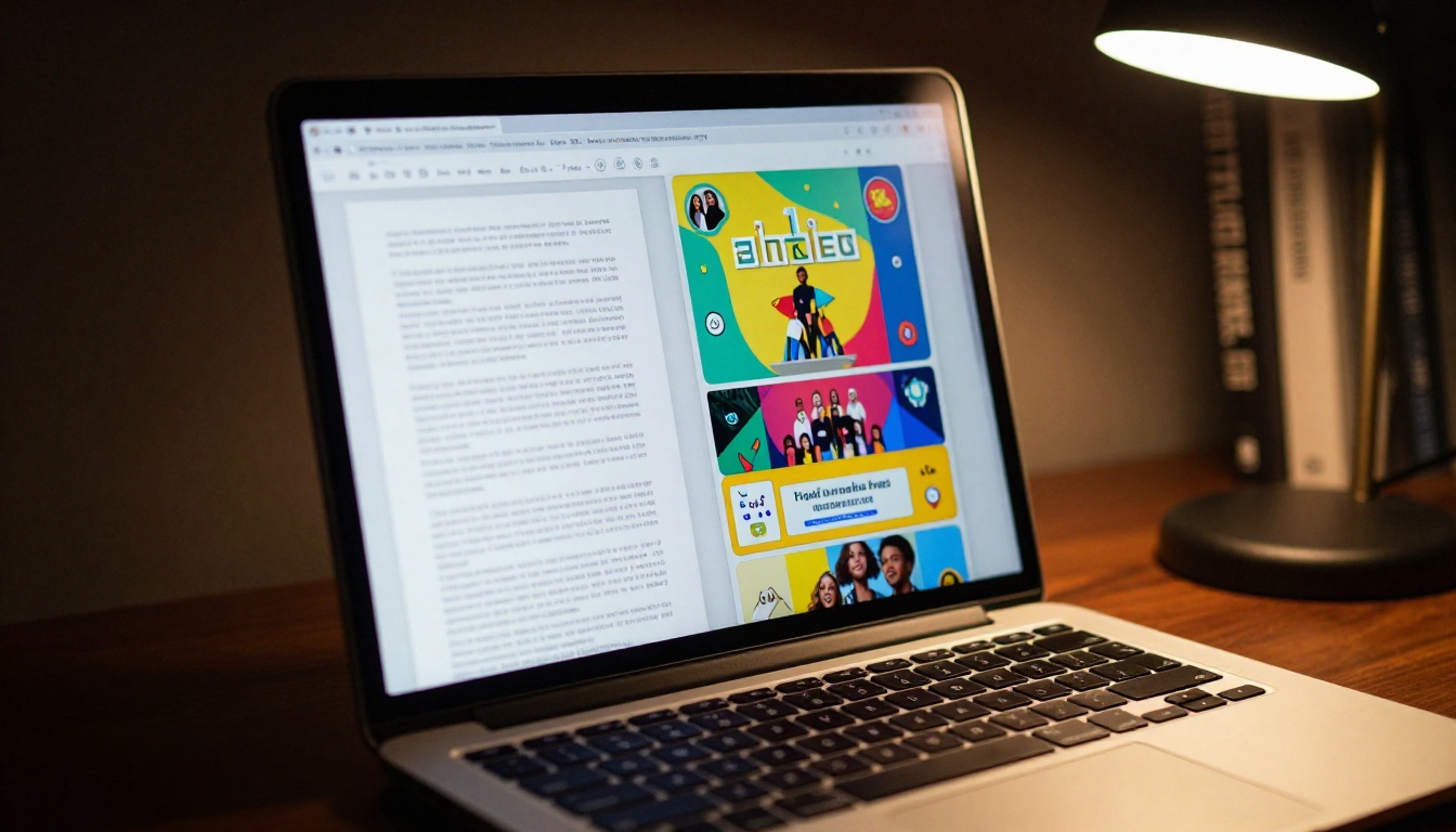 Tight close-up of a laptop screen at night showing a split-screen with a flat PDF document on the left and a colorful flipbook on the right, keyboard illuminated by warm amber lamp