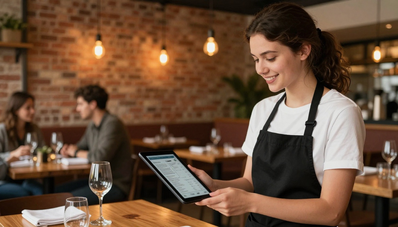 A waitress showing a digital menu flipbook on a tablet to restaurant guests in a warm bistro setting