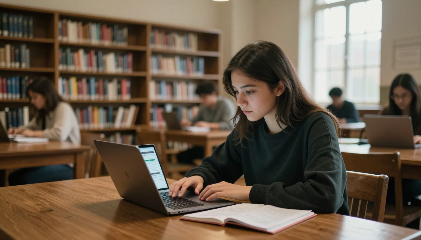 University student uploading a PDF document on a laptop in a classic library with warm arched window light