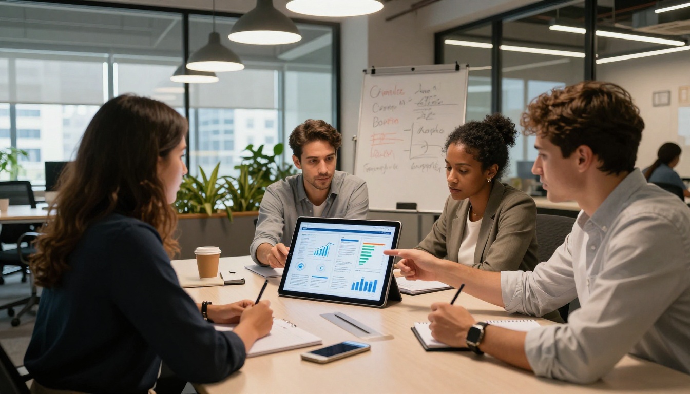 Three colleagues in a modern open-plan office reviewing a corporate flipbook report on a tablet together Three colleagues in a modern open-plan office reviewing a corporate flipbook report on a tablet together