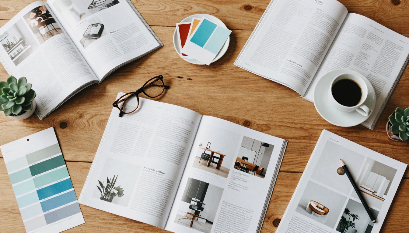 Overhead flat-lay of a creative editorial workspace with open magazines and design tools Overhead flat-lay of a creative editorial workspace with open magazines and design tools