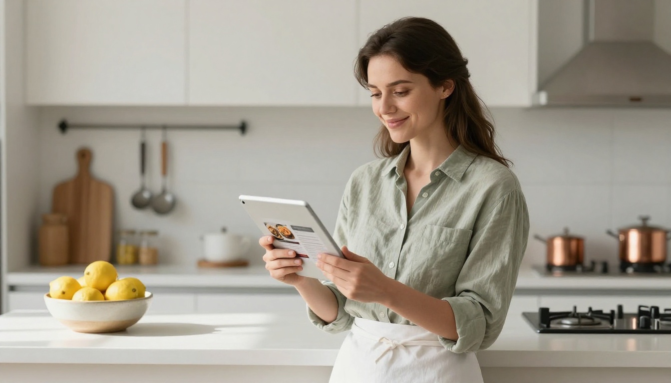 Medium-wide shot of a young woman standing in a bright Scandinavian-style kitchen holding a white tablet showing a restaurant menu digital flipbook with vivid food photography