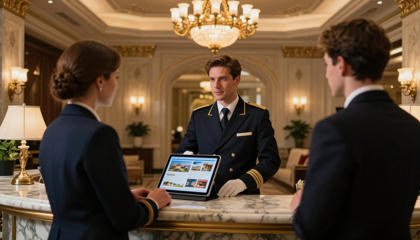Hotel concierge presenting digital flipbook brochure on iPad to guests at luxury marble desk