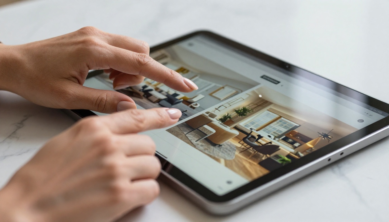 Close-up of hands scrolling through an interactive property flipbook on a tablet