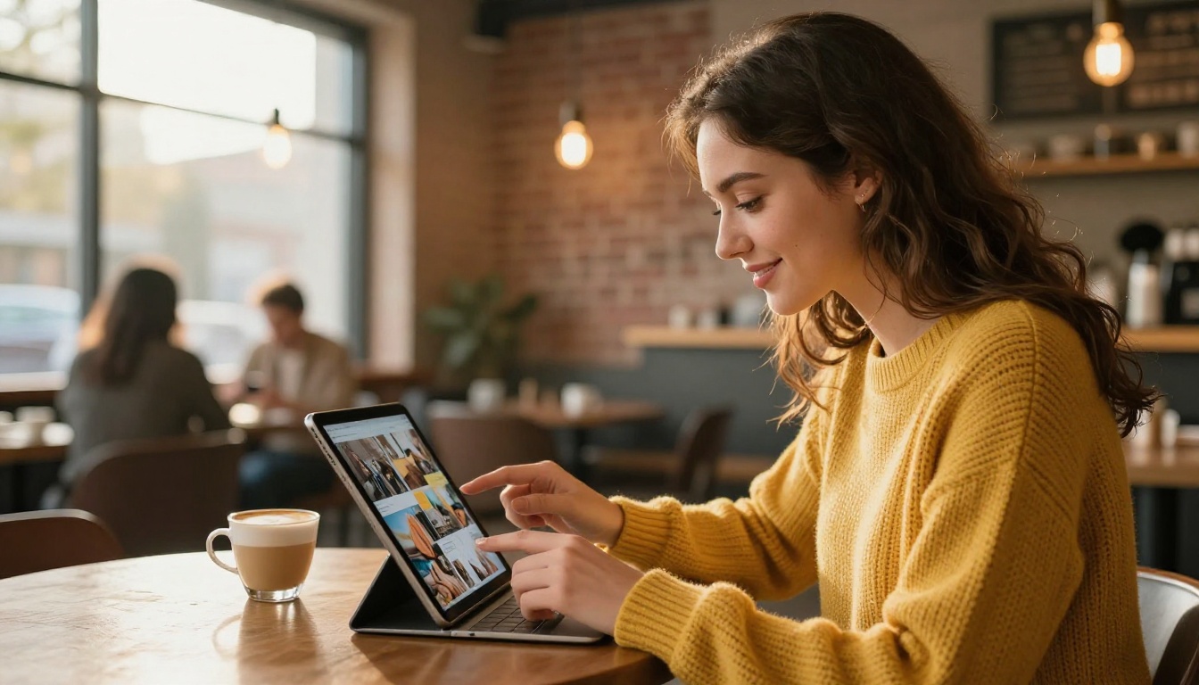 Young woman browsing a digital magazine on a tablet in a cozy cafe Young woman browsing a digital magazine on a tablet in a cozy cafe