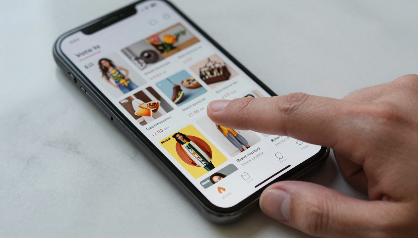 A hand scrolling through a product catalog flipbook on a smartphone against a marble surface