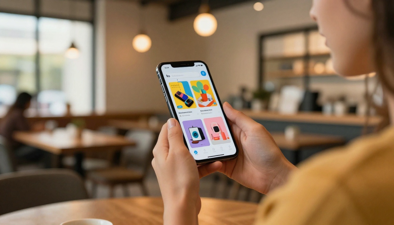 Woman browsing product catalog on smartphone in coffee shop