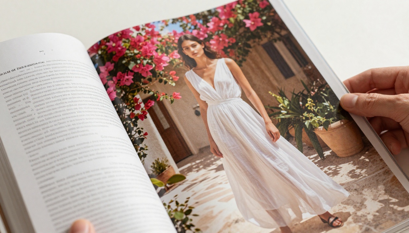 Close-up of a glossy fashion magazine held open to a colorful editorial spread Close-up of a glossy fashion magazine held open to a colorful editorial spread