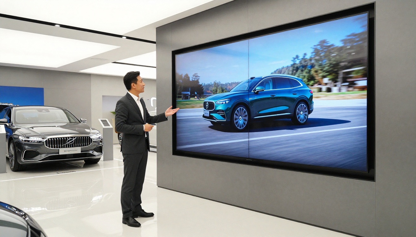 Automotive salesperson presenting interactive flipbook brochure on large showroom touchscreen
