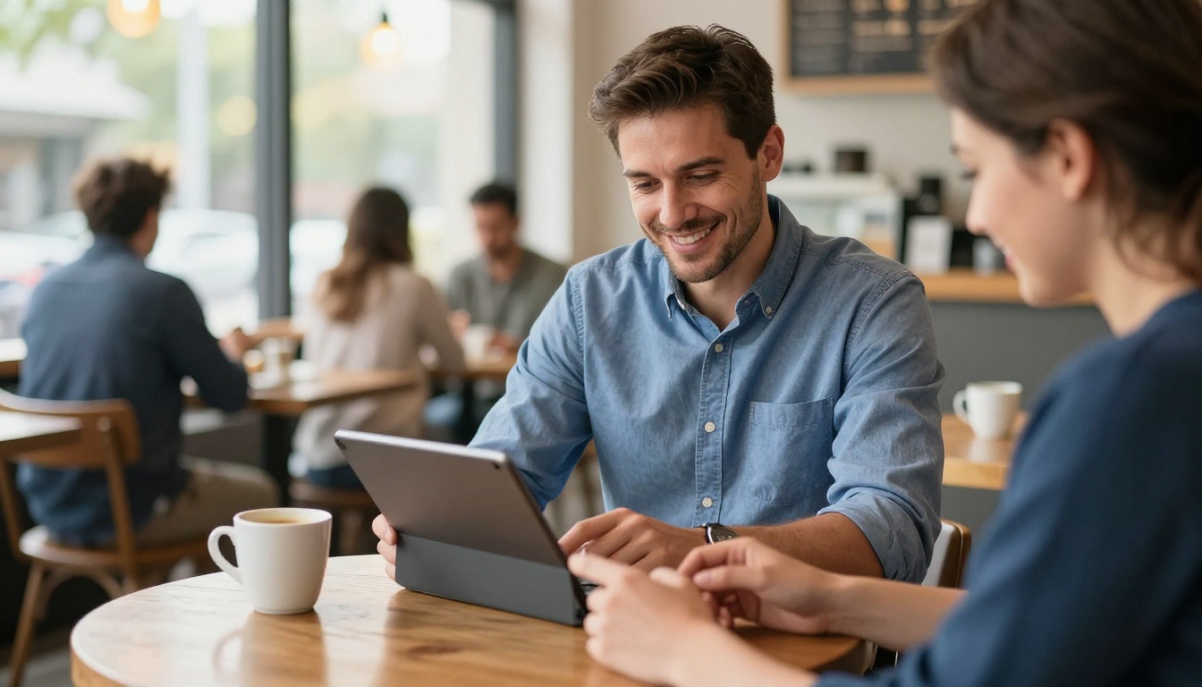 A real estate agent showing a property flipbook to clients at a coffee shop consultation