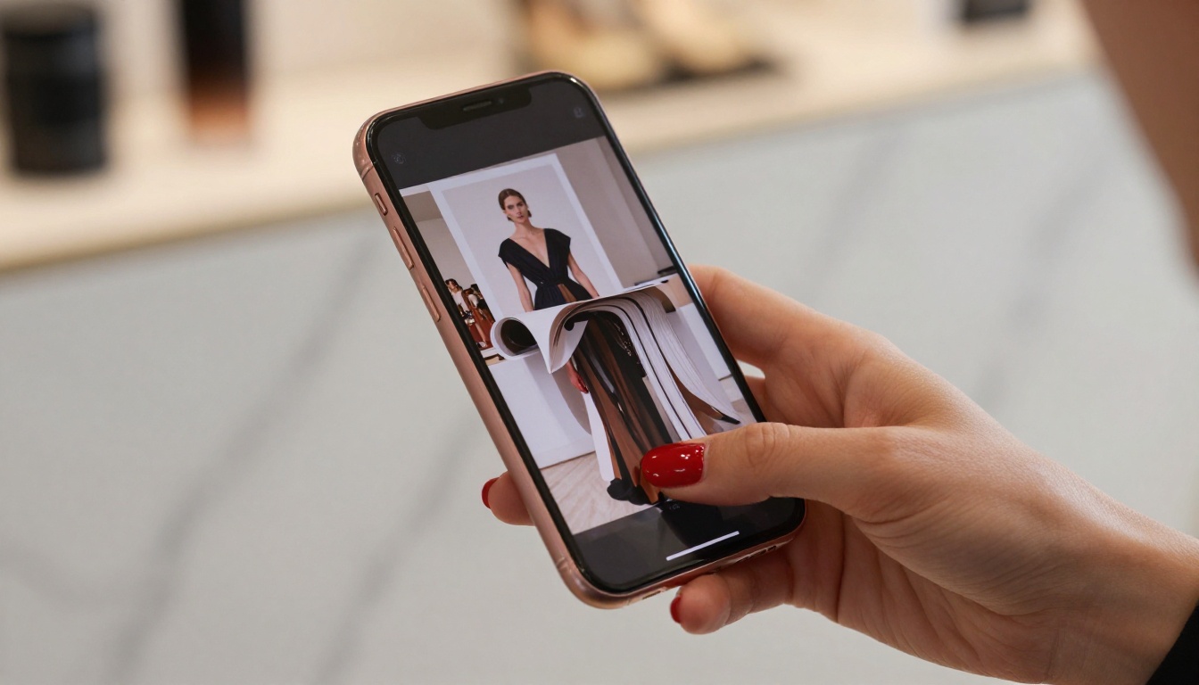 A woman's manicured hand holding a smartphone displaying a fashion lookbook flipbook with a page mid-turn A woman's manicured hand holding a smartphone displaying a fashion lookbook flipbook with a page mid-turn