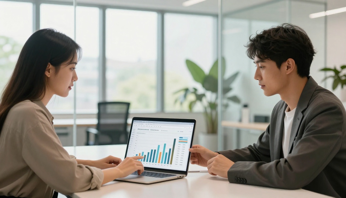 Two marketing professionals reviewing digital catalog analytics on a laptop