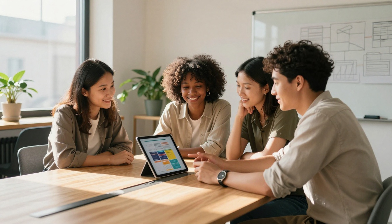 Diverse colleagues reviewing a digital publication on a tablet in a bright modern office Diverse colleagues reviewing a digital publication on a tablet in a bright modern office