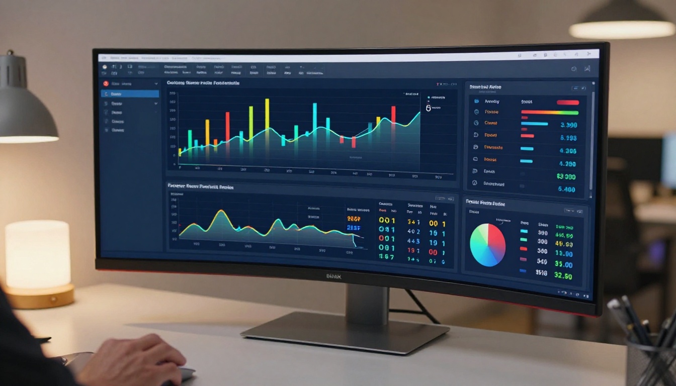 Analytics dashboard on widescreen monitor showing brochure campaign performance metrics