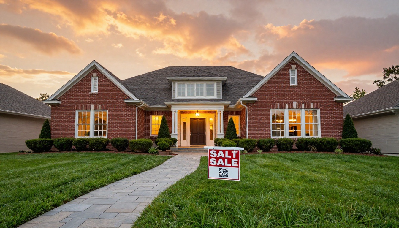 Low-angle shot of a luxury home exterior at golden hour with a for-sale sign in the foreground