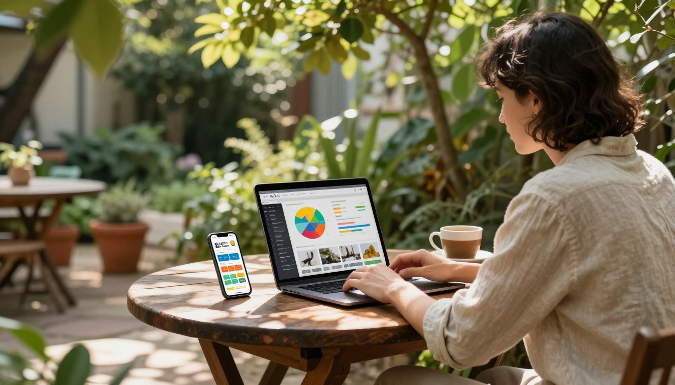 A remote worker in a lush garden terrace using both a laptop and smartphone with a flipbook publishing dashboard open A remote worker in a lush garden terrace using both a laptop and smartphone with a flipbook publishing dashboard open