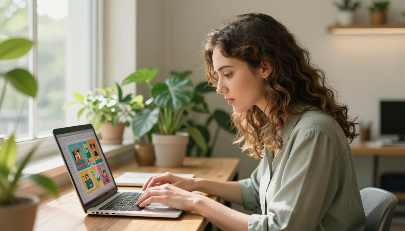 Stylish young woman creating flipbook brochure on MacBook in bright plant-filled co-working space