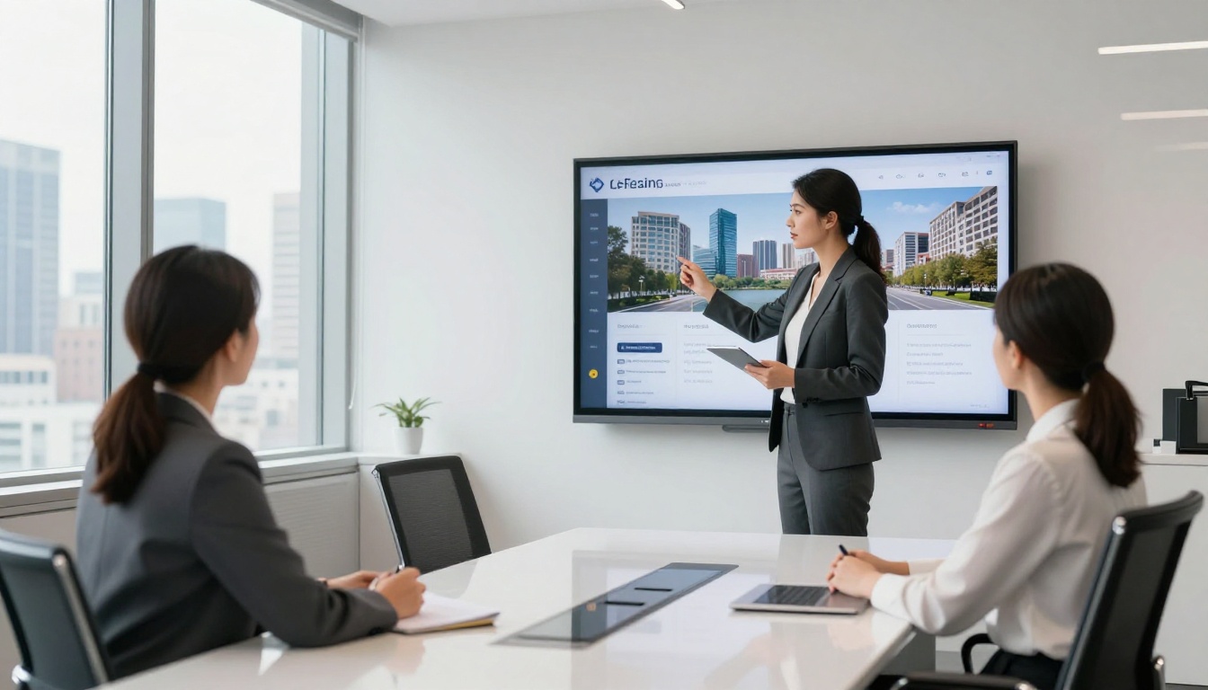 A female real estate agent presenting a digital property flipbook on a large office screen to seated clients