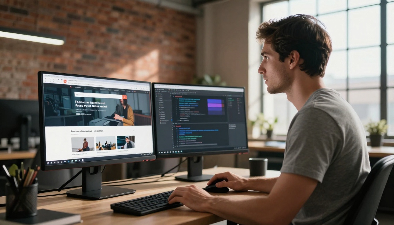 Web designer embedding digital catalog into business website on dual monitors