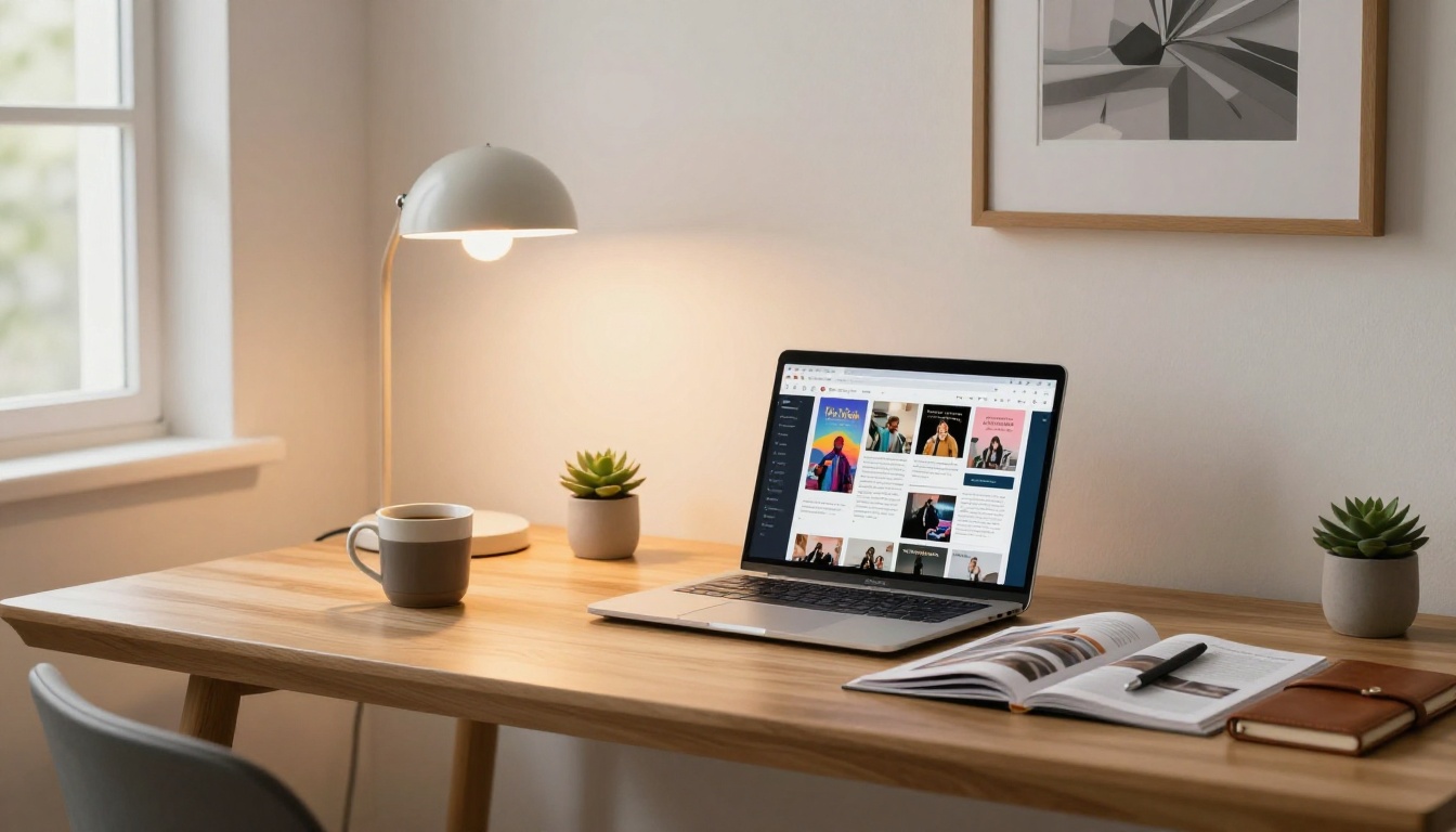 Modern minimalist home office with a laptop showing a magazine publishing dashboard Modern minimalist home office with a laptop showing a magazine publishing dashboard