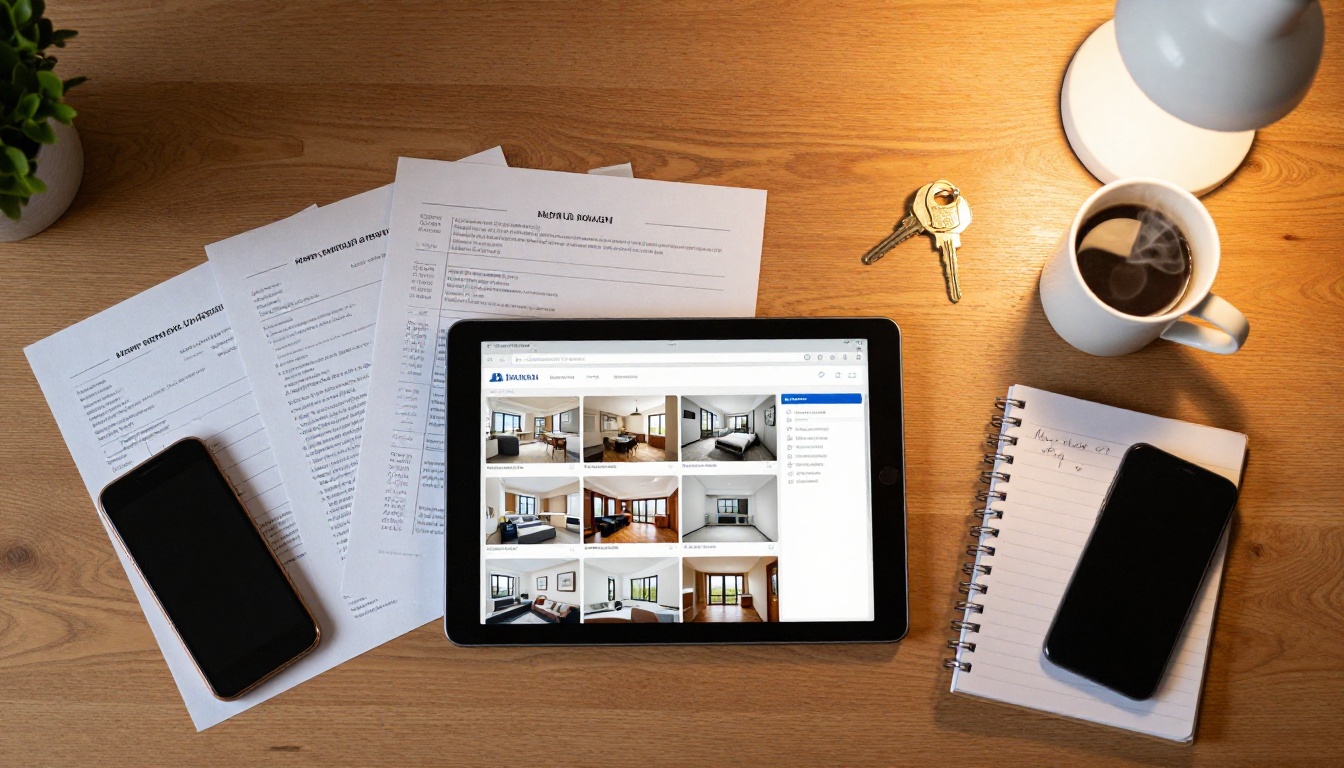 Bird's-eye view of a real estate agent's organized desk with property materials, tablet, and house keys