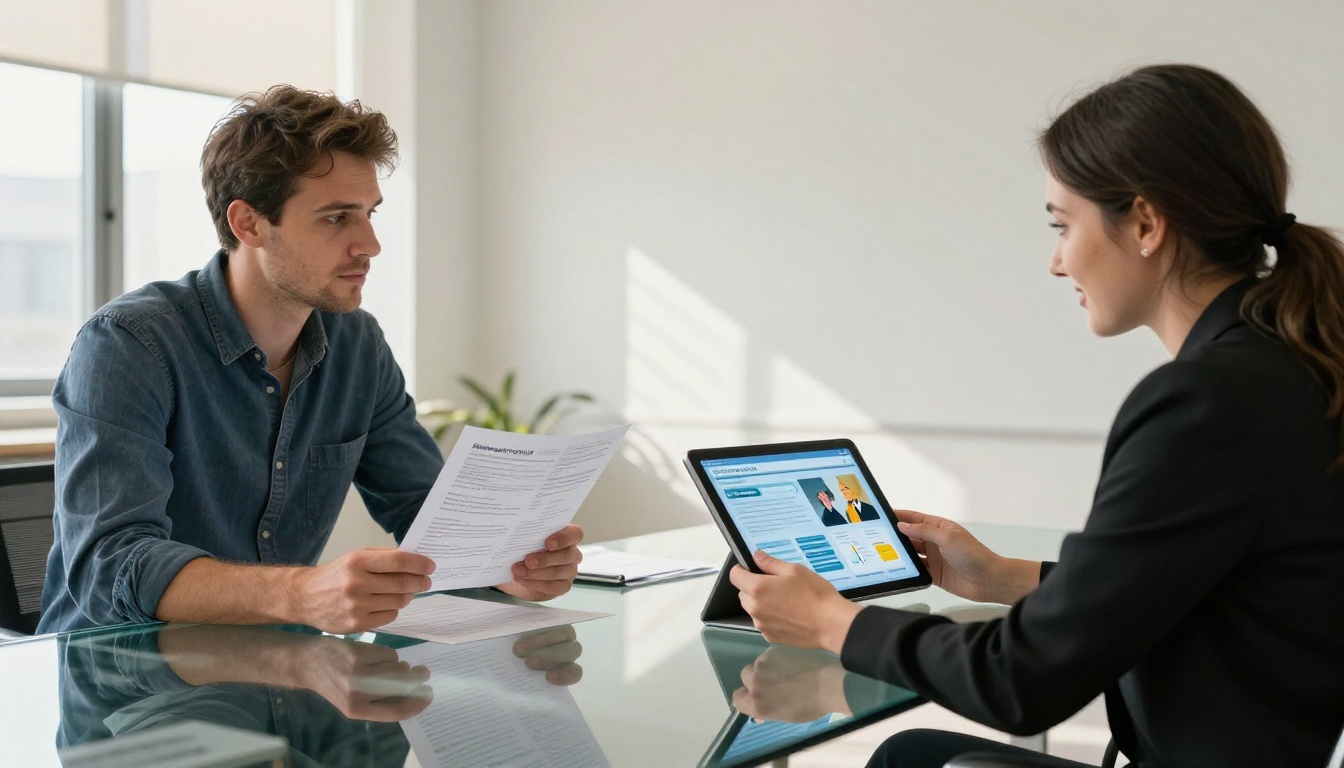 Two professionals comparing printed brochure with digital flipbook on tablet
