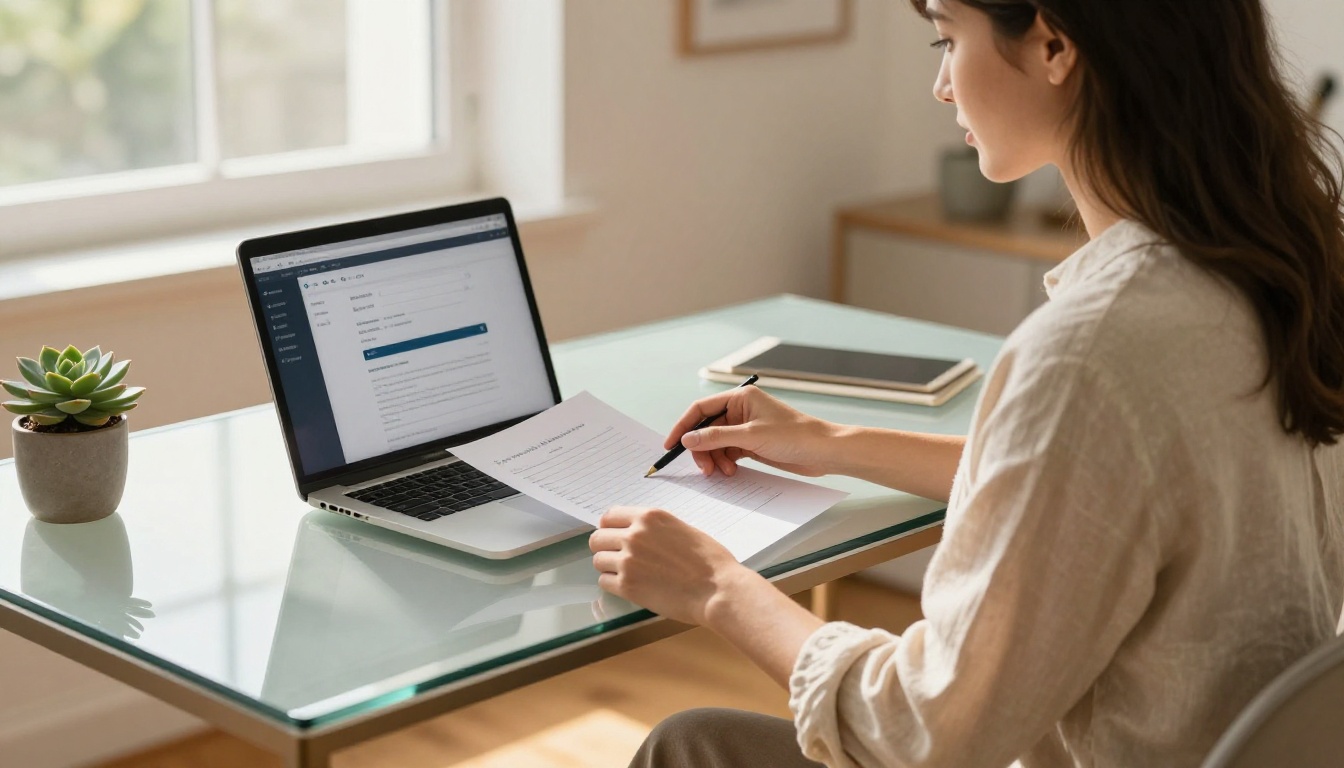 Elegant professional woman uploading PDF brochure file to web platform on laptop in sunlit home office