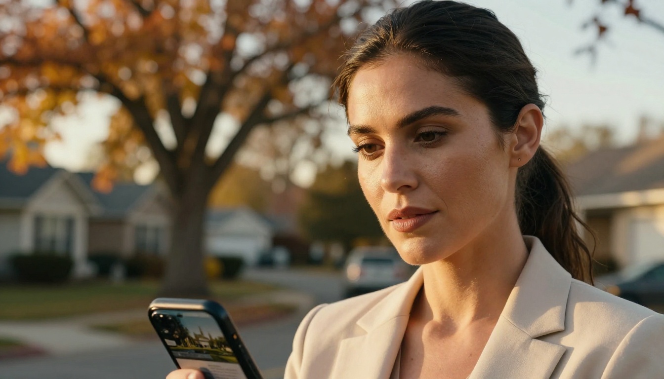 A confident real estate agent holding a smartphone showing a property flipbook outdoors with autumn trees in the background