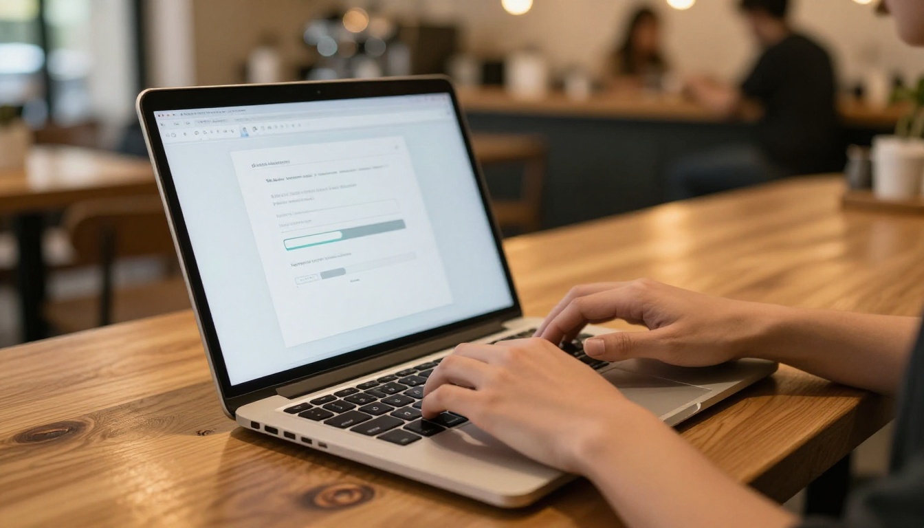Designer uploading a PDF portfolio file to a flipbook platform in a coffee shop