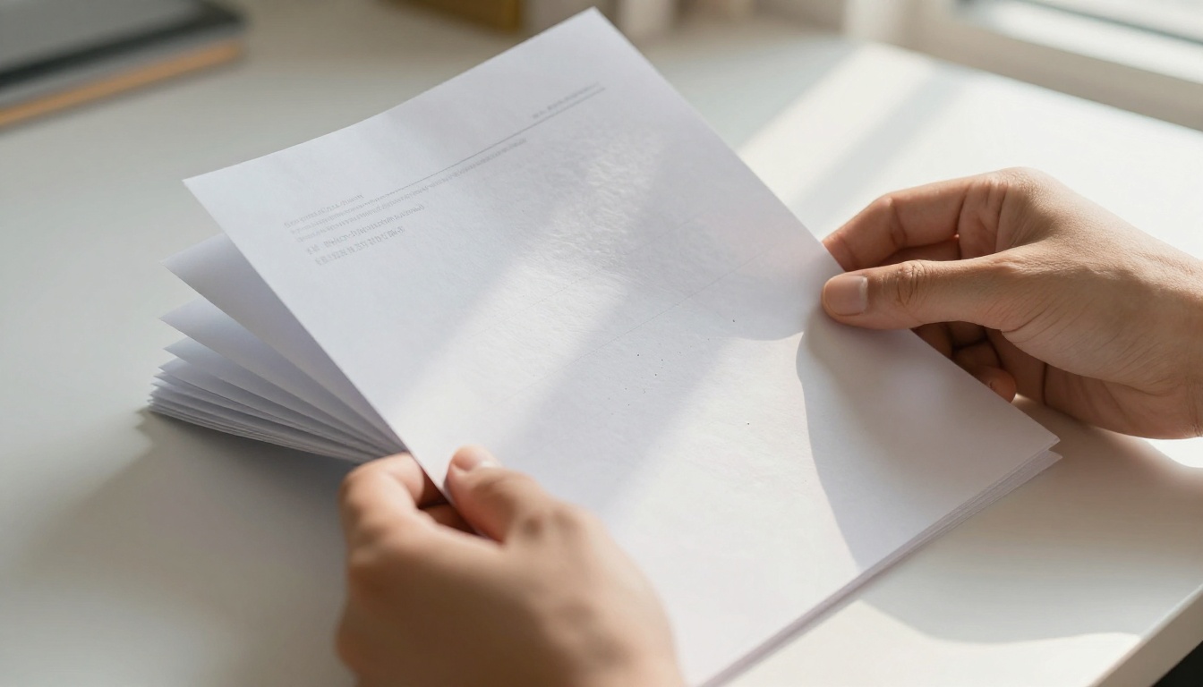 Hands turning a printed document at a wooden desk with golden afternoon light