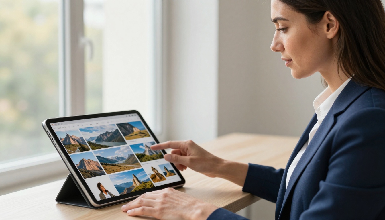 Professional photographer reviewing her portfolio flipbook on an iPad by a window